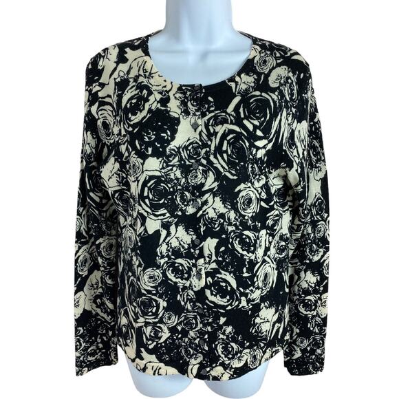 Lord & Taylor 100% Merino Wool Cardigan Sweater Women’s Medium Black White Rose - Picture 4 of 6